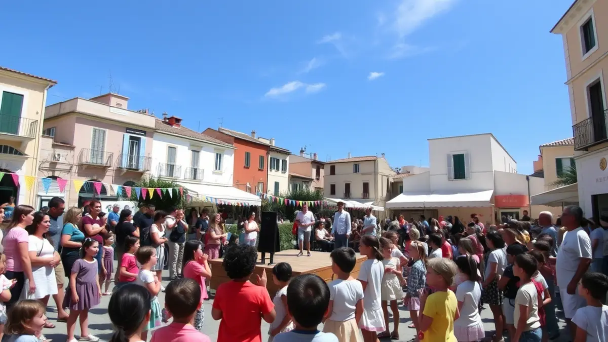 Imatge d'una trobada cultural amb gent i decoració festiva en una plaça.