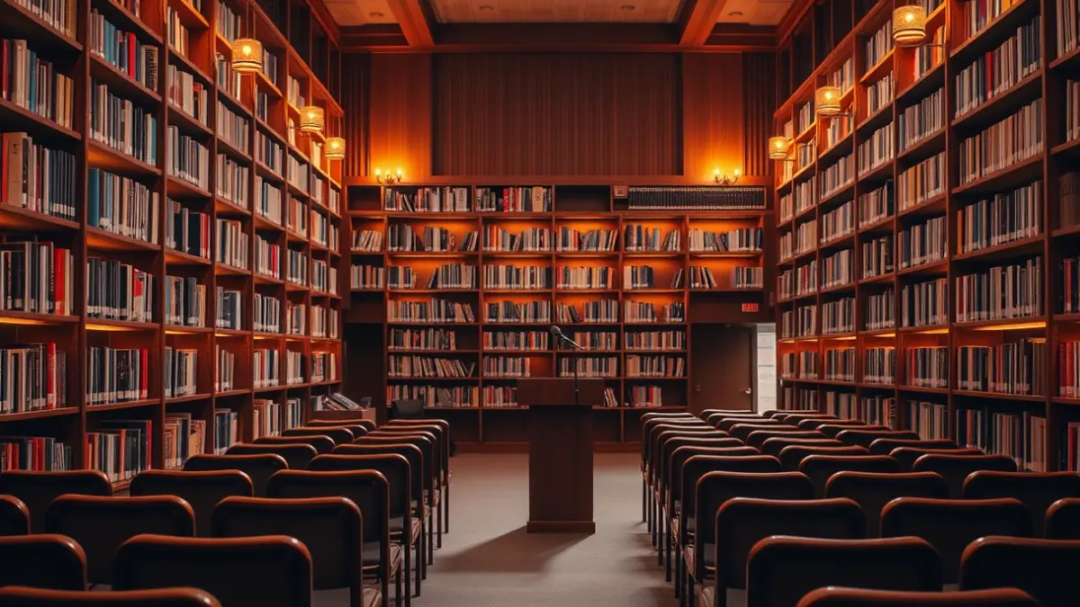 Generic image of a library with wooden bookshelves and a podium with a microphone, with warm lighting.