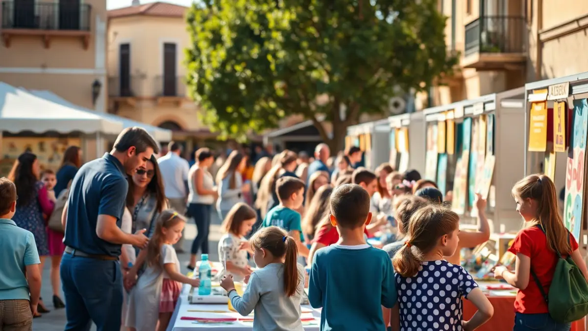 Image of an educational fair with children and families participating in playful and formative activities in a square.