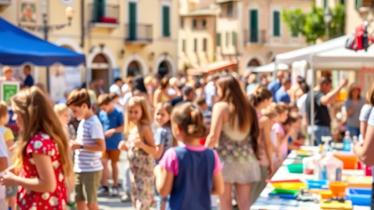 Imagen genérica de una feria educativa con actividades lúdicas para familias.