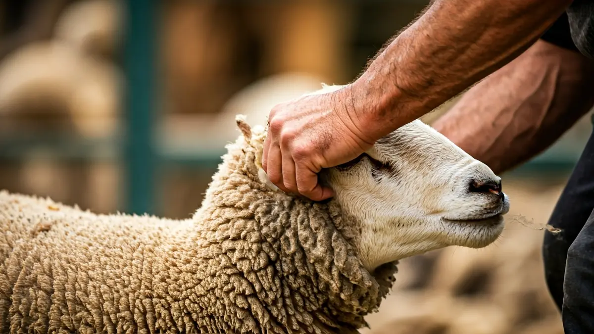 Image of a sheep being shorn by a professional, with the wool coming off in one piece.