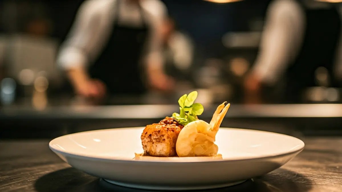 Imagen genérica de un plato de alta cocina siendo preparado en una cocina profesional.