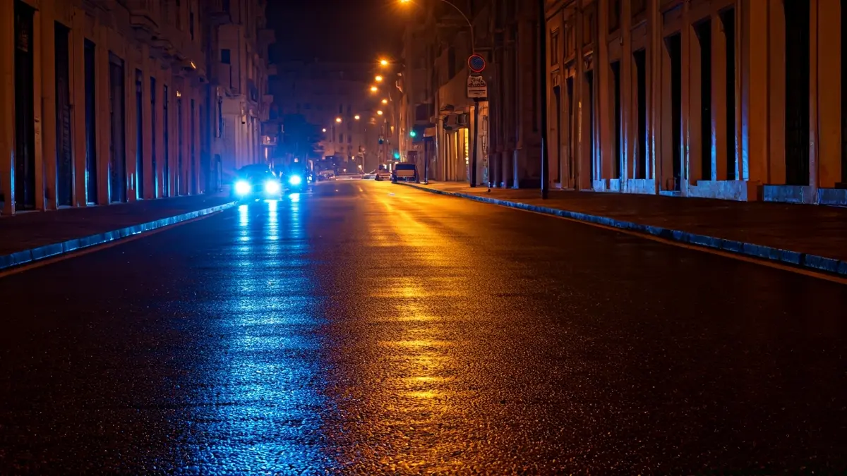 Imatge genèrica de llums d'emergència reflectint-se en asfalt banyat per la pluja de nit, indicant un avís meteorològic.