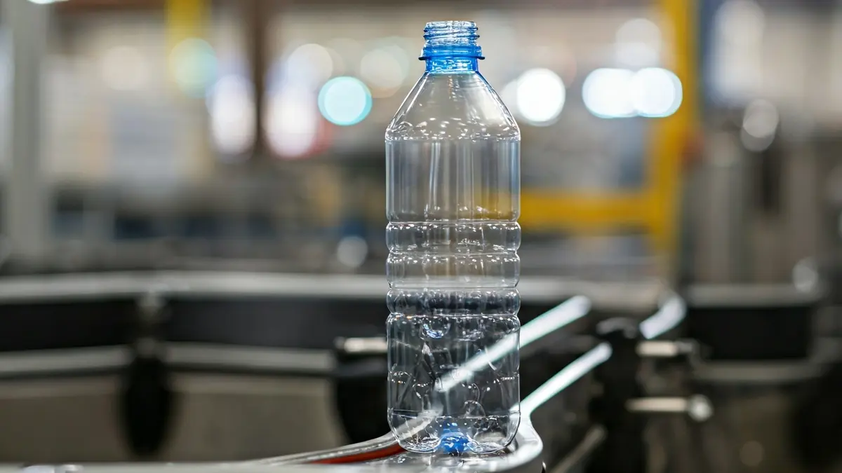 Imatge genèrica d'una botella de plàstic en una fàbrica, amb maquinària desenfocada al fons.