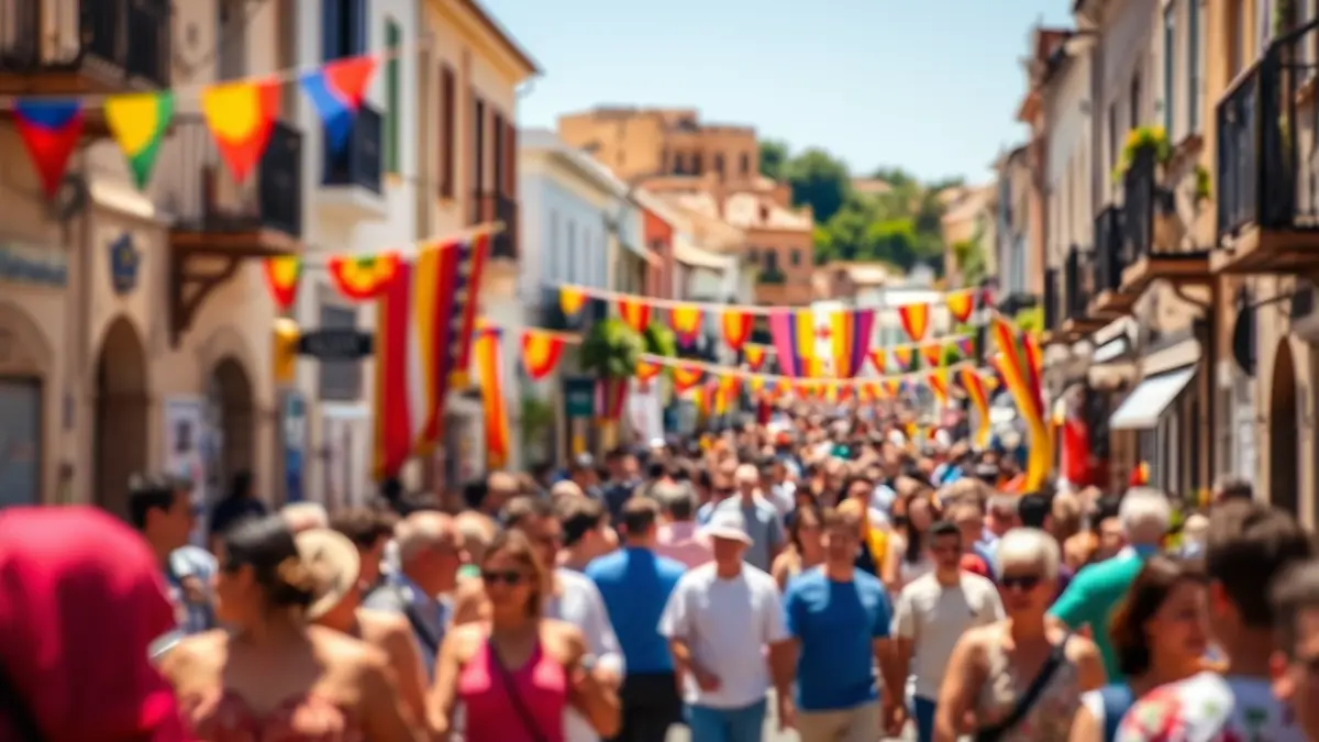 Image of a 'Trobada' with a crowd of people and banners in a Valencian city street.