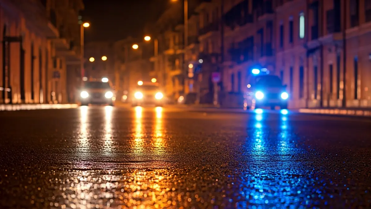 Generic image of emergency lights reflecting on wet asphalt at night.