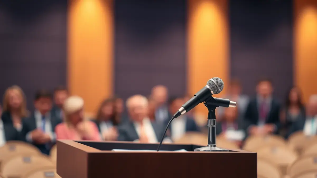Generic image of a microphone on a podium, with blurred figures of people in the background, suggesting a debate or discussion.