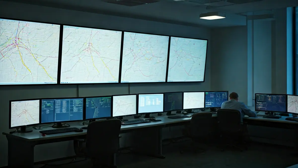 Image of a modern control center with screens displaying railway network maps.