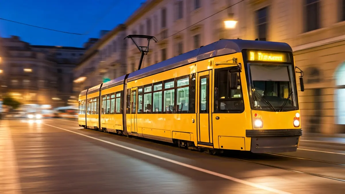 Generic image of a modern tram in a Mediterranean city at dusk, with blurred background lights.