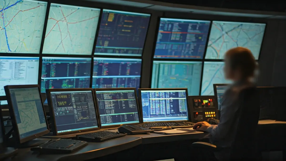 Imagen de un centro de control moderno con pantallas que muestran mapas de la red ferroviaria.
