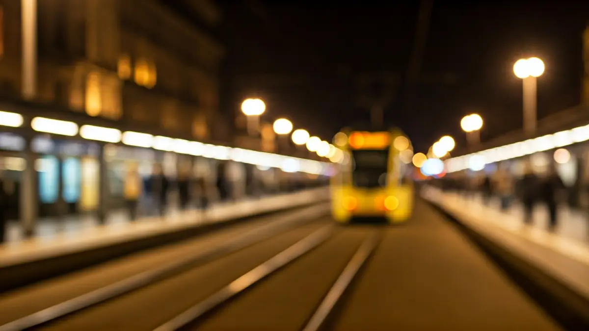 Imagen genérica de una estación de tranvía y metro de noche, con luces borrosas.