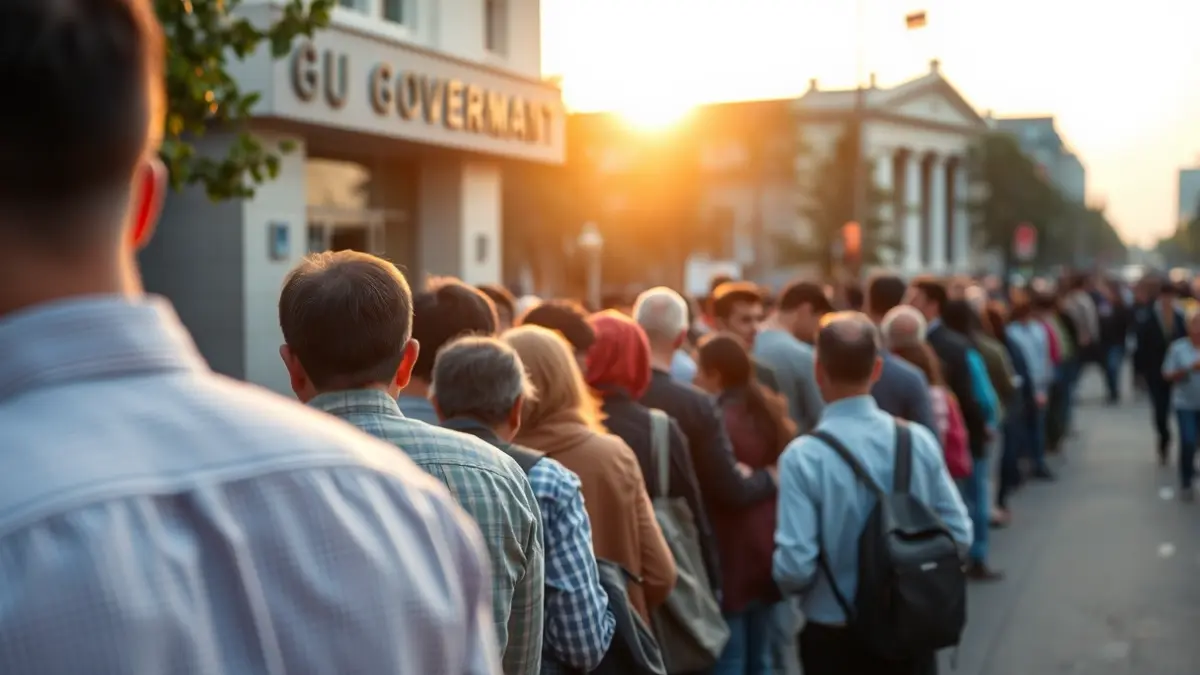 Imatge genèrica d'una cua de persones esperant a l'exterior d'un edifici públic a l'alba.
