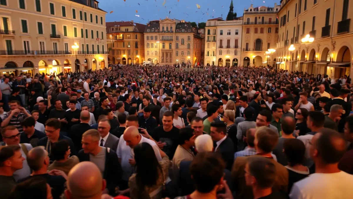 Generic image of a crowd at a demonstration in an urban square, with confetti and streetlights.
