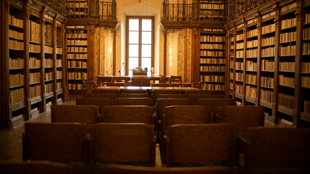Imatge genèrica d'una sala de presentacions de llibres amb un faristol i cadires buides.