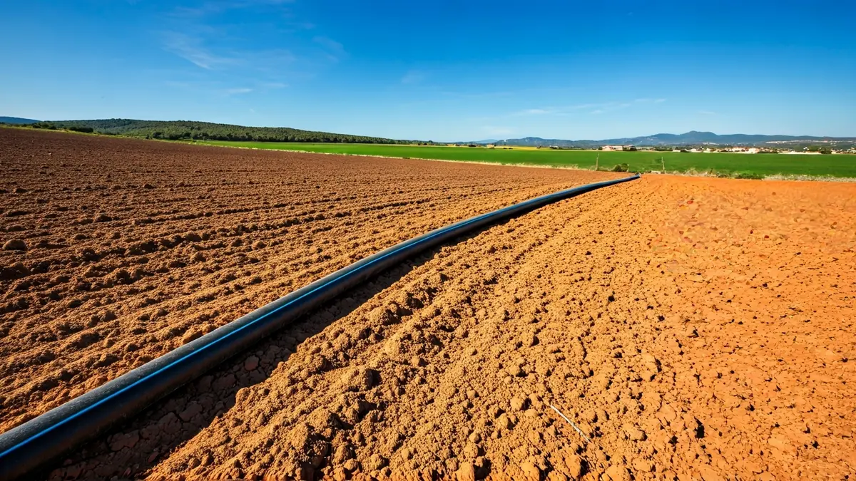 Imagen genérica de tuberías de riego en un campo, simbolizando la infraestructura hídrica.