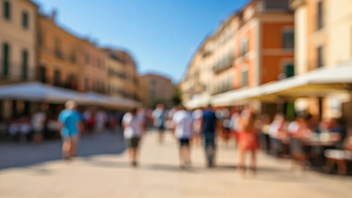 Image of a Mediterranean square with full terraces and people enjoying the festive atmosphere.
