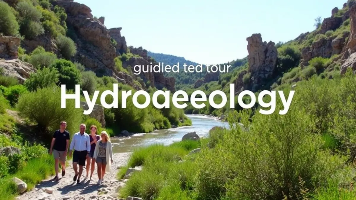 Imagen de un grupo de personas en un itinerario guiado sobre hidrogeología en un entorno natural.