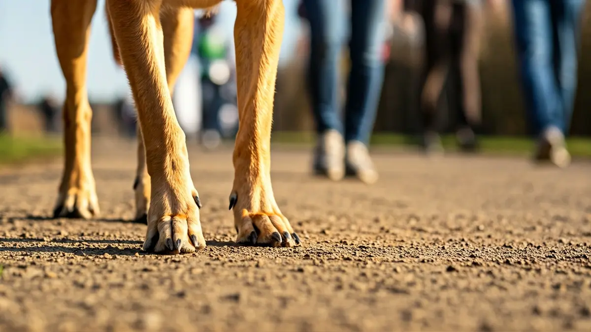 Imagen genérica de las patas de un perro en un camino de tierra, con un paisaje natural desenfocado al fondo.