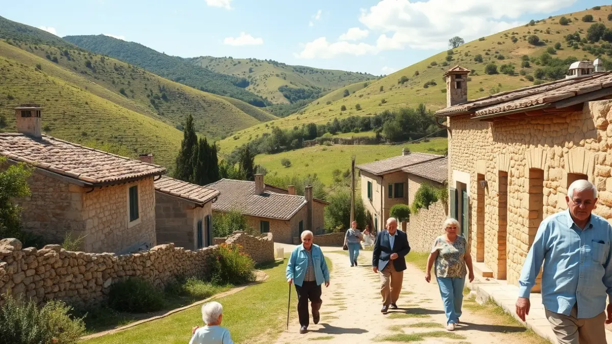 Imagen de un pueblo rural valenciano con casas de piedra y personas mayores, simbolizando el envejecimiento activo y el apoyo comunitario.