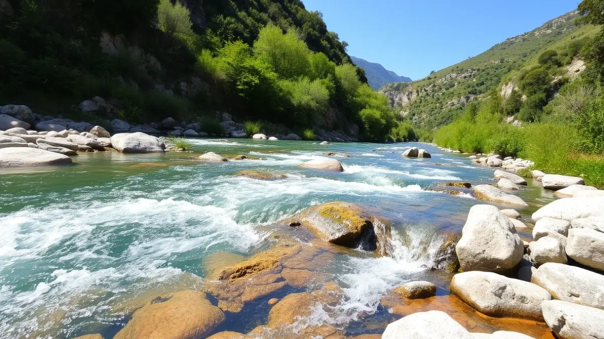 Imagen genérica de un río de interior con agua clara y vegetación exuberante, representando un entorno natural sostenible.