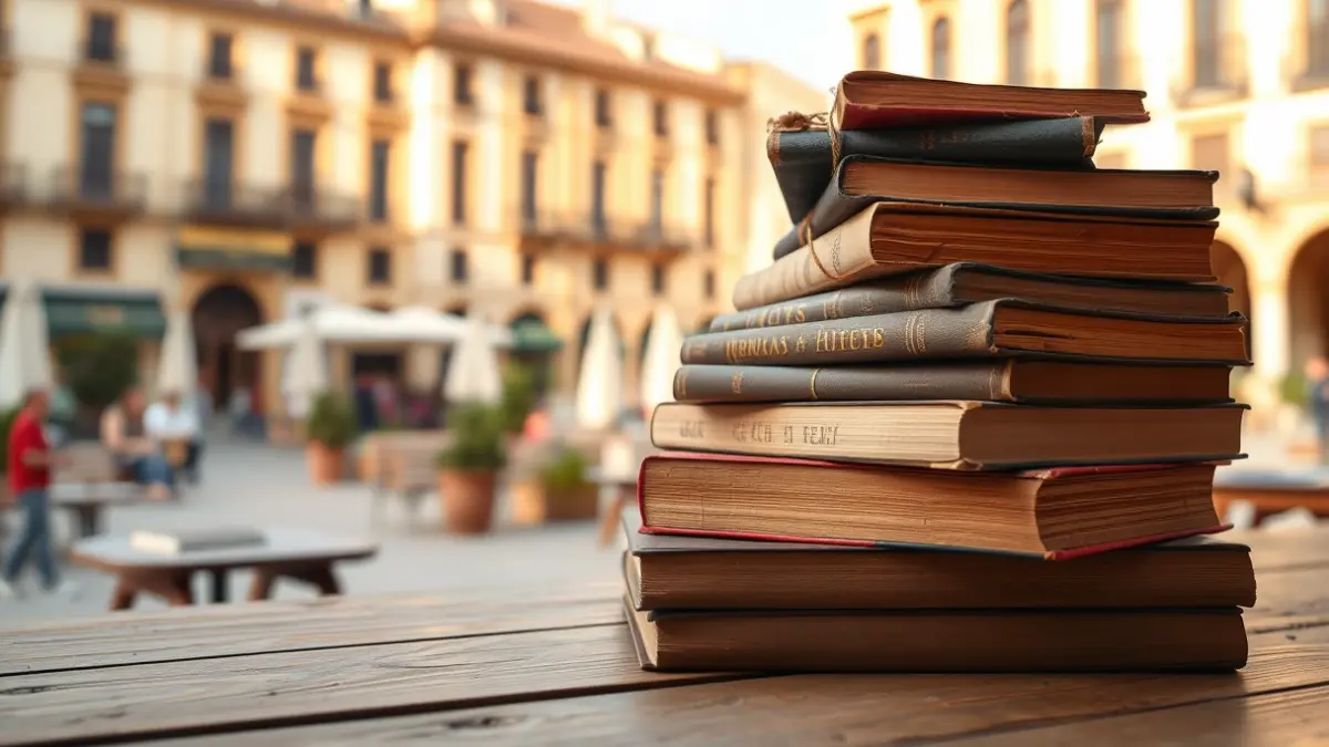 Imatge genèrica de llibres antics sobre una taula de fusta, amb un fons desenfocat d'una plaça de poble valencià.