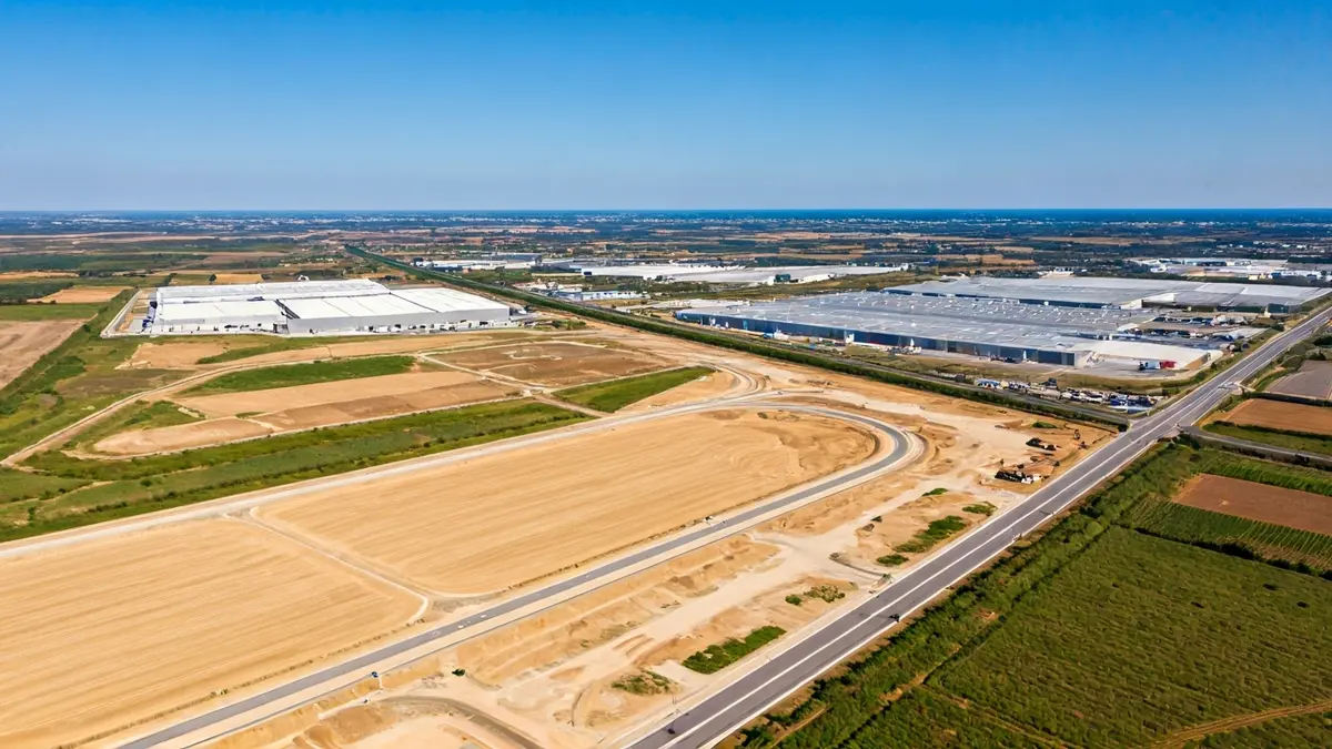 Aerial view of an expanding industrial park, with new plots and infrastructure under development.
