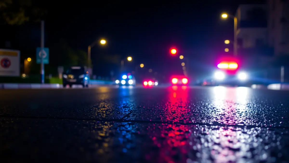 Generic image of emergency lights reflecting on wet asphalt at night.