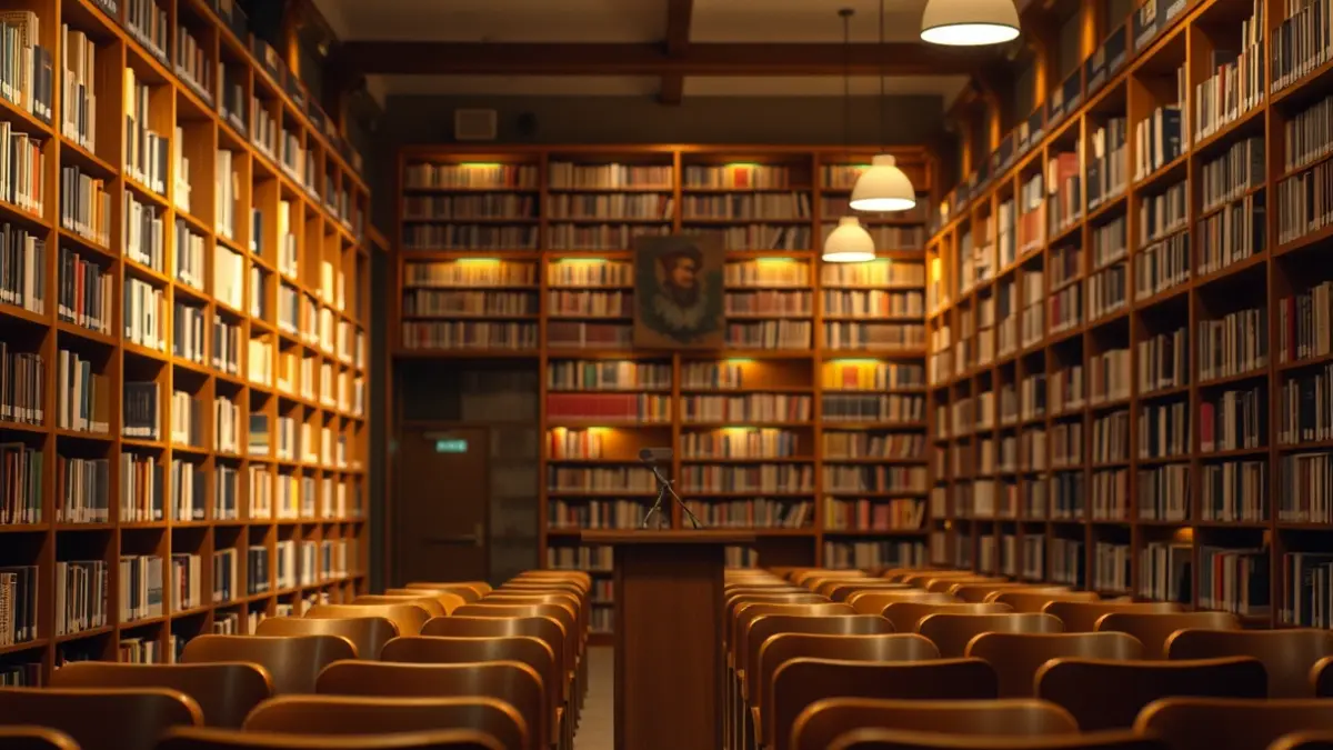 Generic image of a library interior with wooden bookshelves and a podium with a microphone.