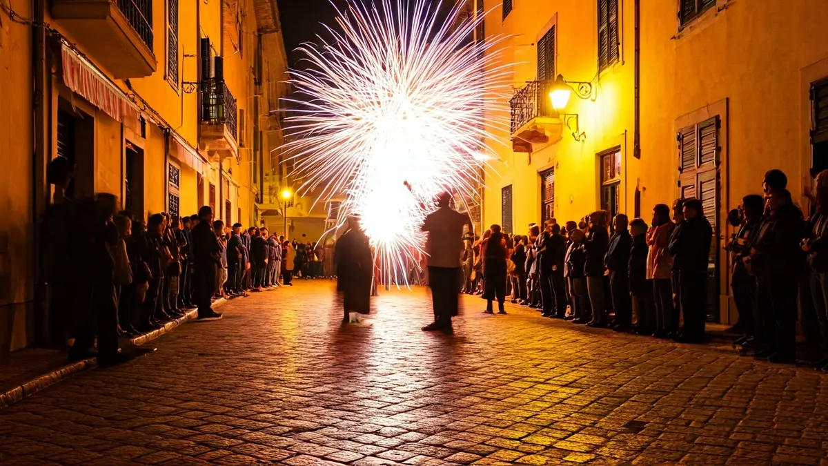 Imatge d'una Nit de Canyes en un carrer estret de Museros, amb coets explotant i gent participant.