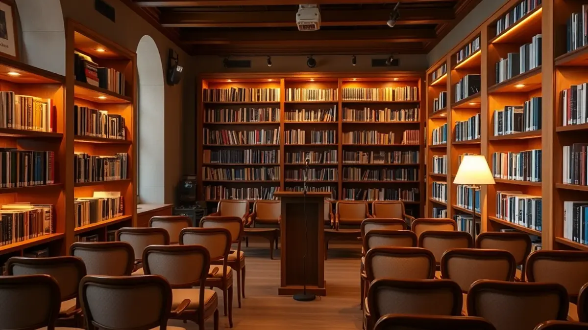 Imatge genèrica d'un interior de biblioteca amb prestatgeries de fusta i un ambient càlid de lectura.