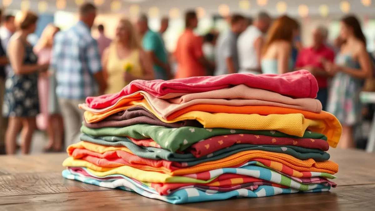 Imagen genérica de ropa de verano de segunda mano en una mesa, con personas intercambiándola al fondo.
