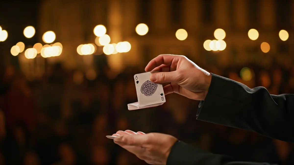 Imatge genèrica d'unes mans d'il·lusionista fent un truc de cartes en un escenari.