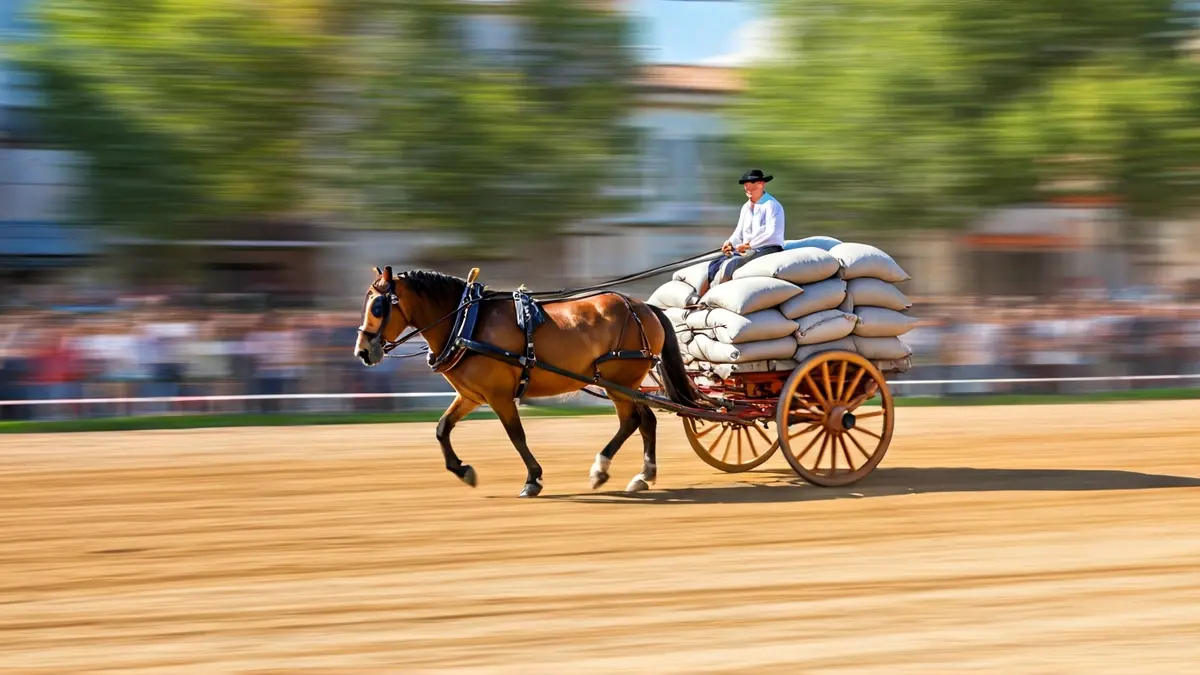 Image of a cart loaded with sandbags on a dirt track, with blurred horses and handlers in the background.