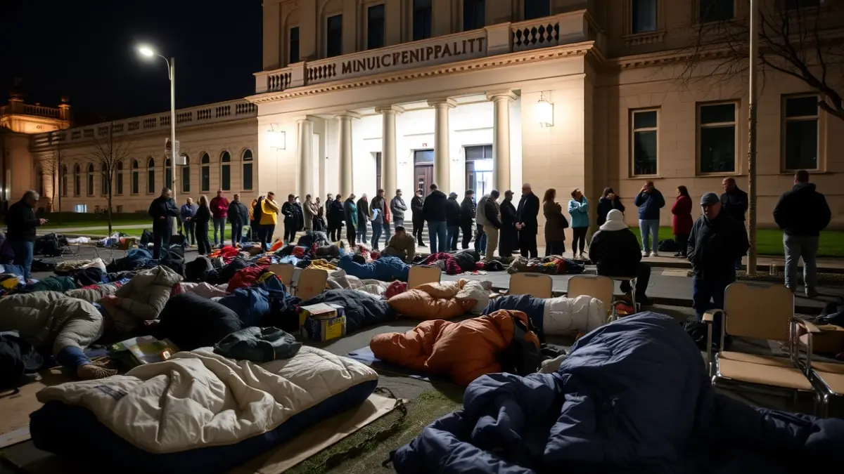 Imagen de personas esperando durante la noche para una cita en un servicio municipal.