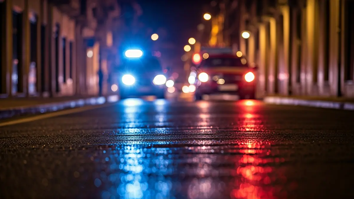 Imagen genérica de luces de emergencia reflejadas sobre asfalto mojado de noche.