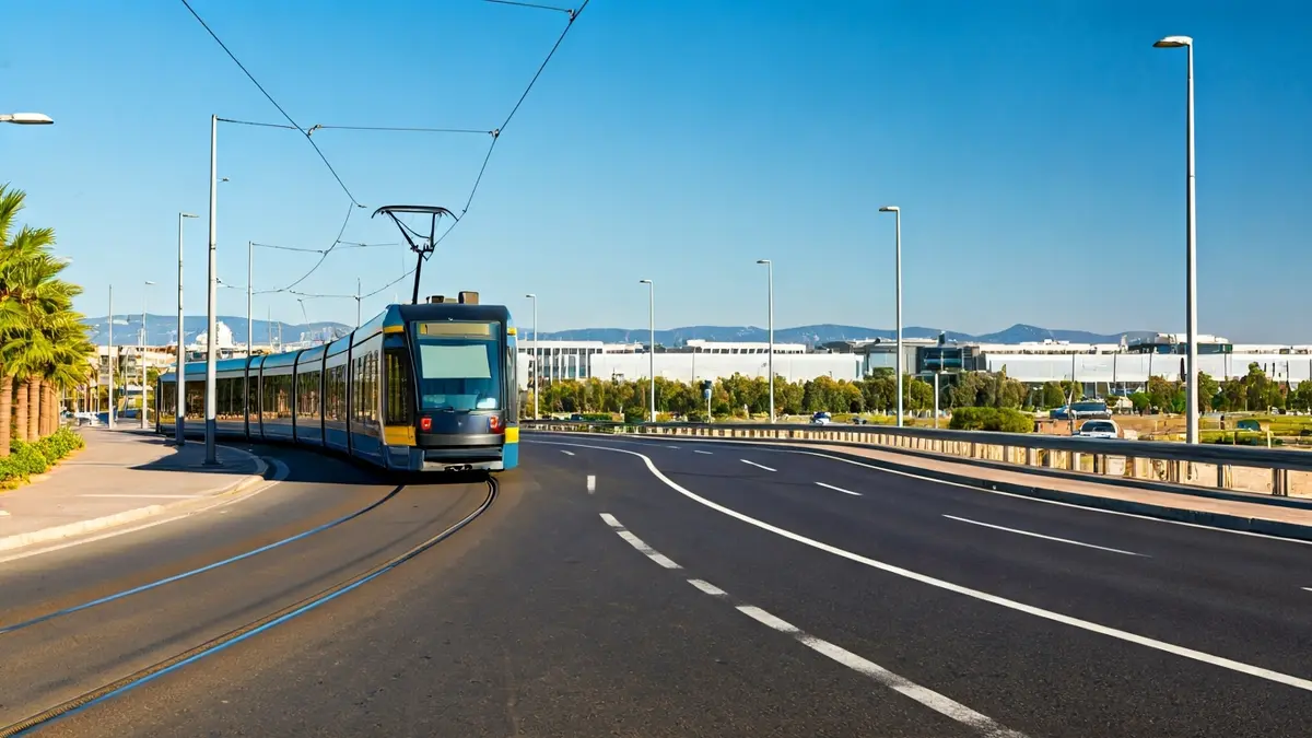 Image of a modern tram line approaching a technology park, with blurred cars on a parallel road.