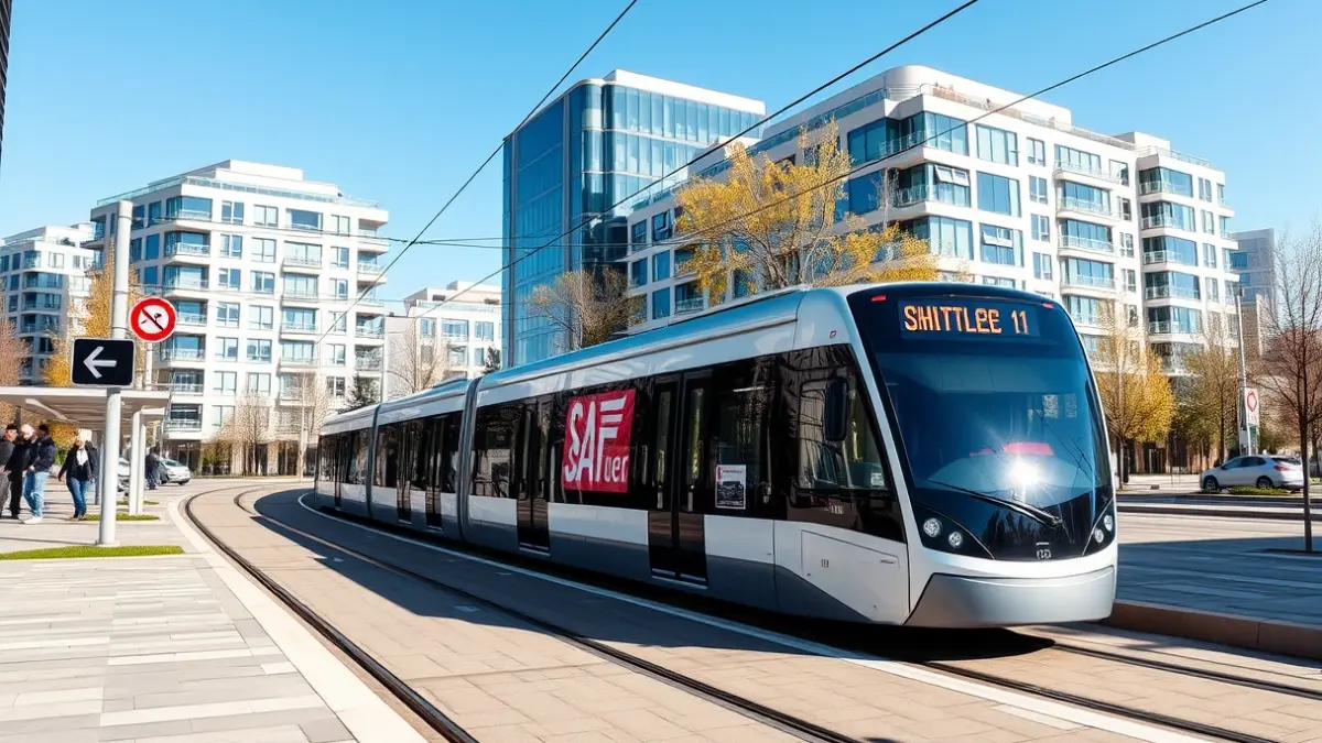Imagen de un tranvía y un autobús lanzadera en un parque tecnológico, simbolizando la mejora del transporte público.