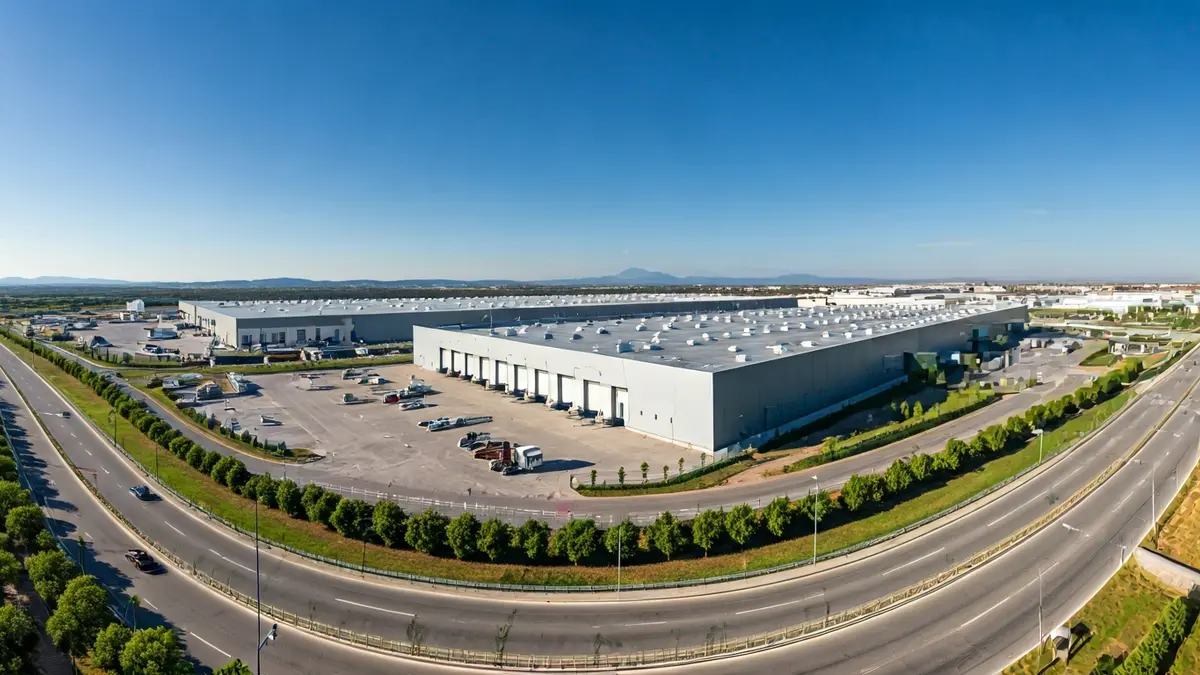 Imatge genèrica d'un parc industrial modern amb naus i carreteres, en un paisatge mediterrani.