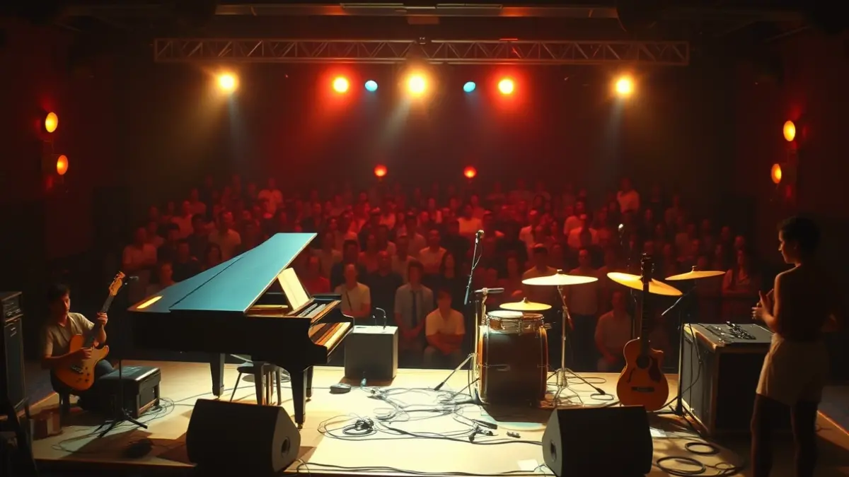 Imatge genèrica d'un escenari de concert amb un piano i instruments musicals, amb una atmosfera dels anys 70.