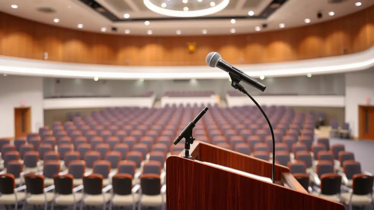 Imagen genérica de un micrófono en un atril, preparado para una conferencia en una sala multifuncional.