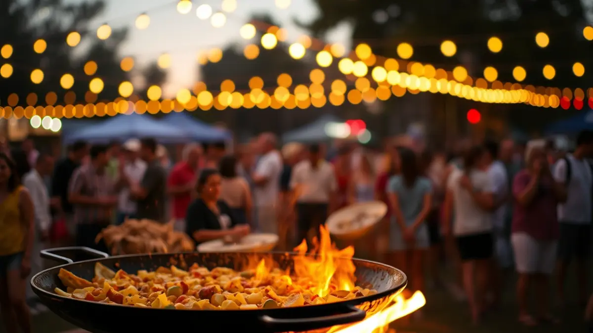Imagen de la Fiesta de las Paellas de Nules con gente y paellas cocinándose.
