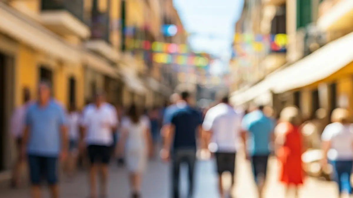 Imagen genérica de una fiesta popular en una calle mediterránea, con gente y decoración festiva.