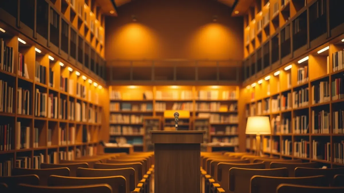 Generic image of a library with wooden bookshelves and a podium with a microphone, with warm lighting.