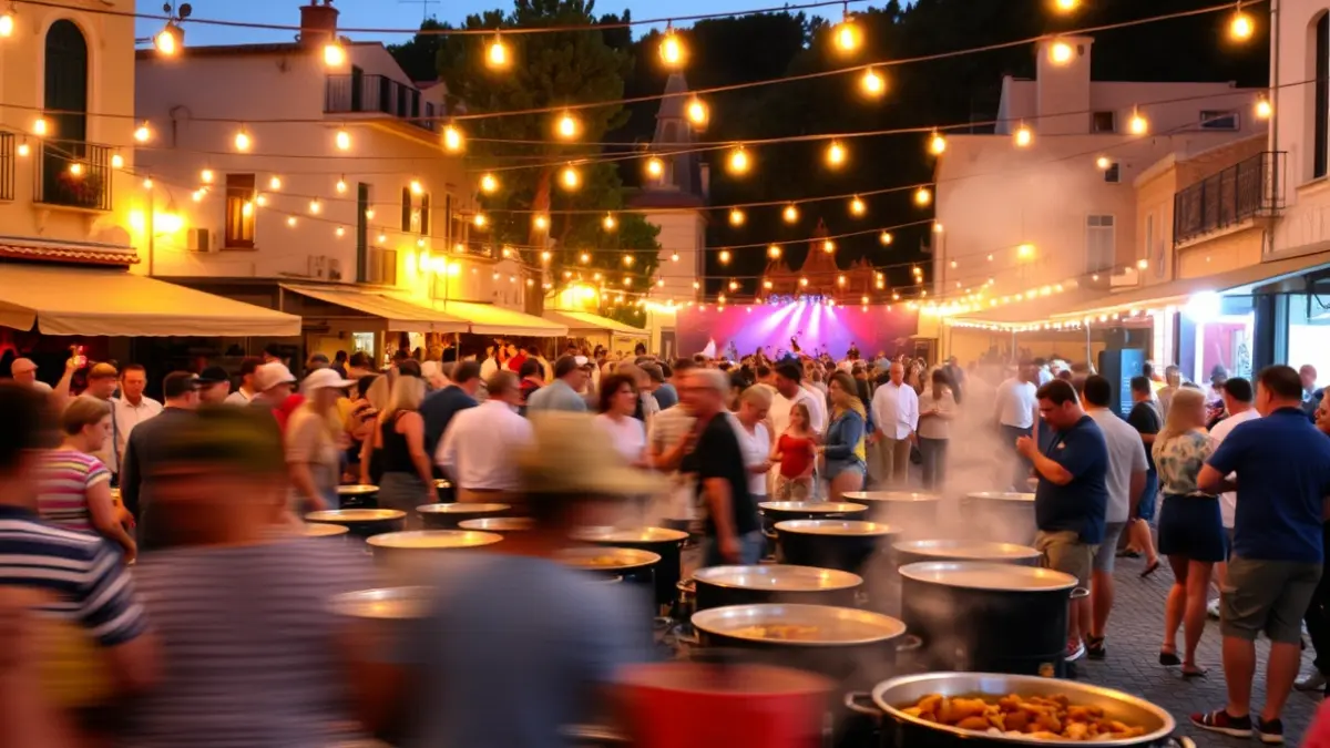 Image of a crowd gathered in a square for the Paella Festival in Nules, with music and activities.