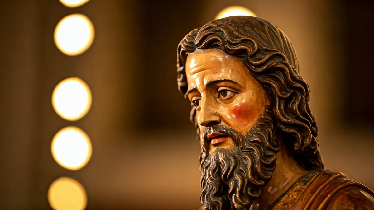 Image of a restored religious figure, with fine details and soft lighting.