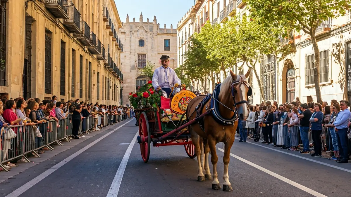 Imagen de un carruaje engalanado con caballos y gente en un pasacalle festivo en un pueblo valenciano.