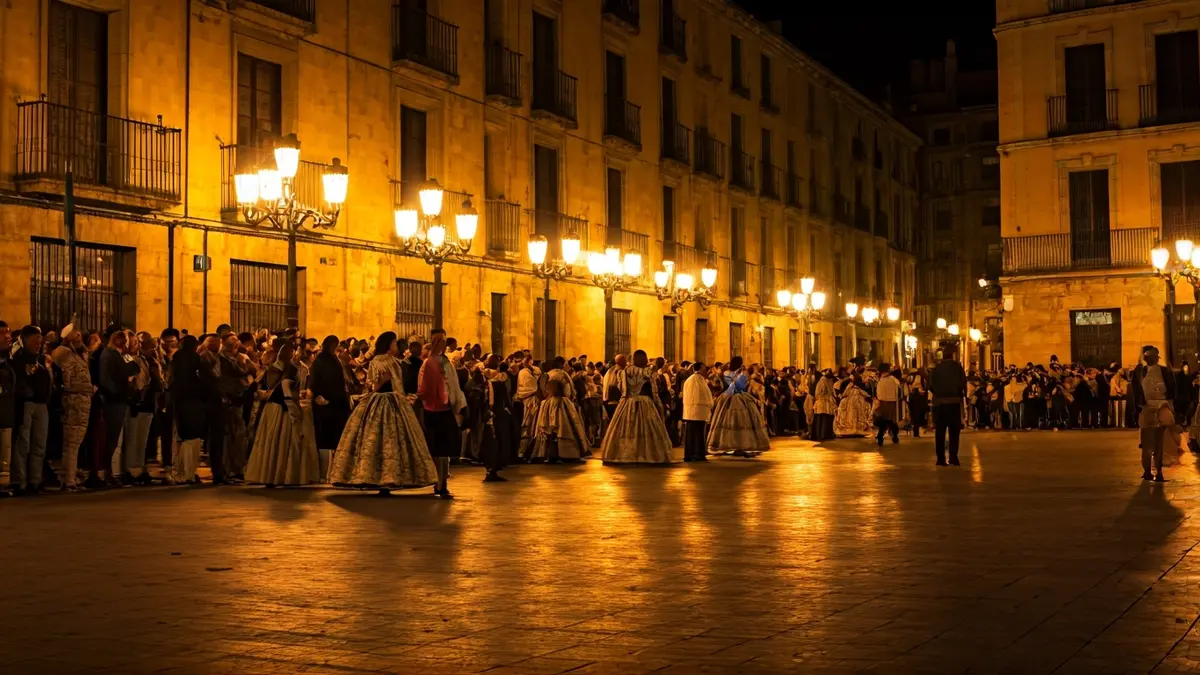 Imagen de un dosel iluminado en una plaza, con gente en segundo plano.