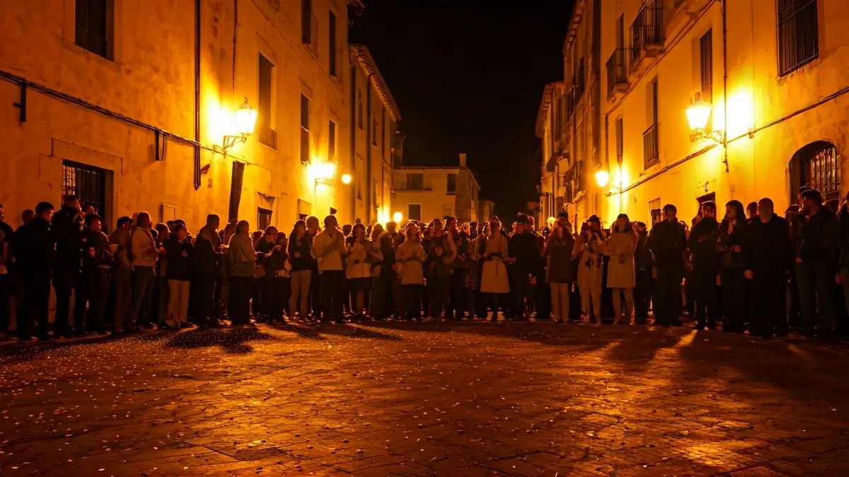 Imatge genèrica d'una plaça de poble mediterrània de nit amb ambient festiu.