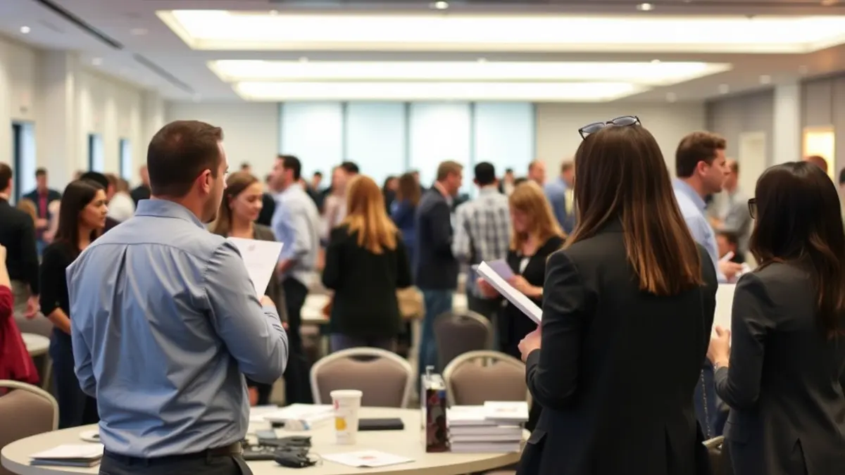 Generic image of a job fair with people interacting in a professional setting.