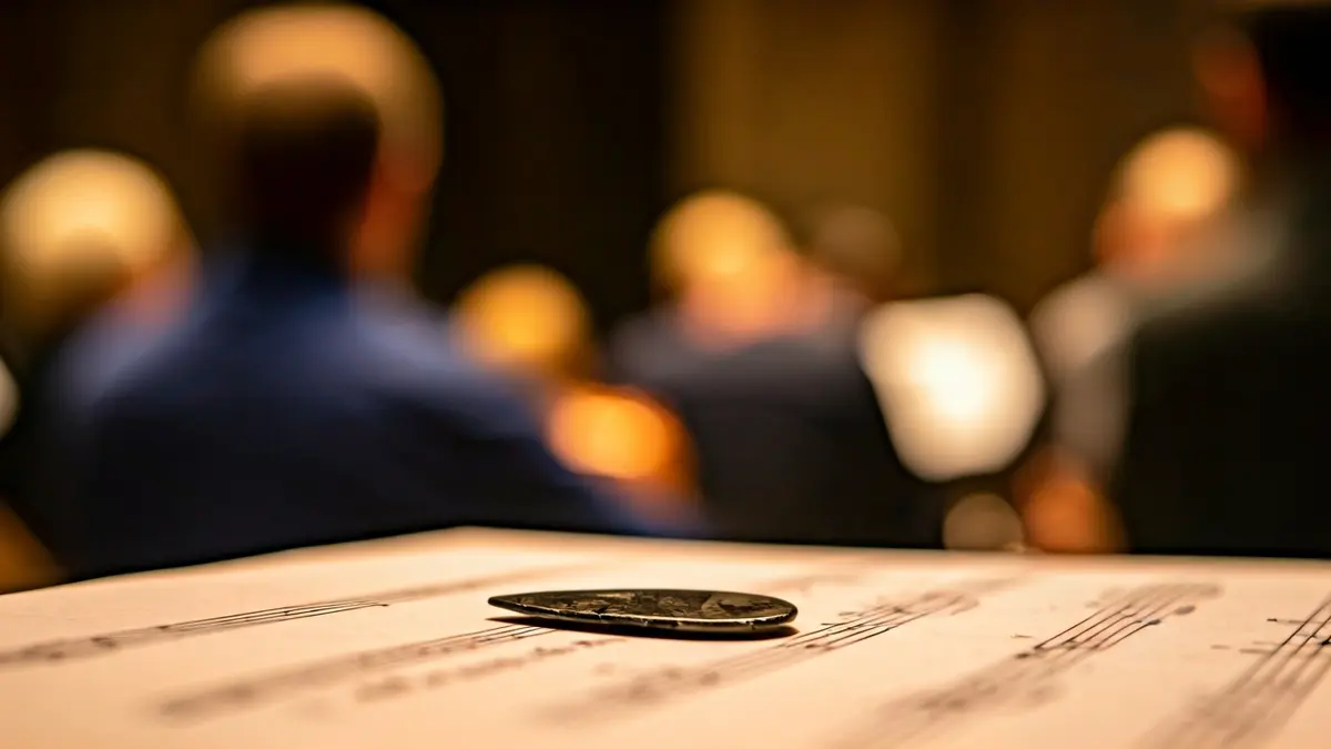 Imagen genérica de una púa sobre una partitura musical, con instrumentos de cuerda desenfocados al fondo.